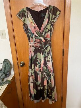 Adriana Pappell Flutter High-lo Floral Wrap Dress in Brown, Pink & Green, size 4